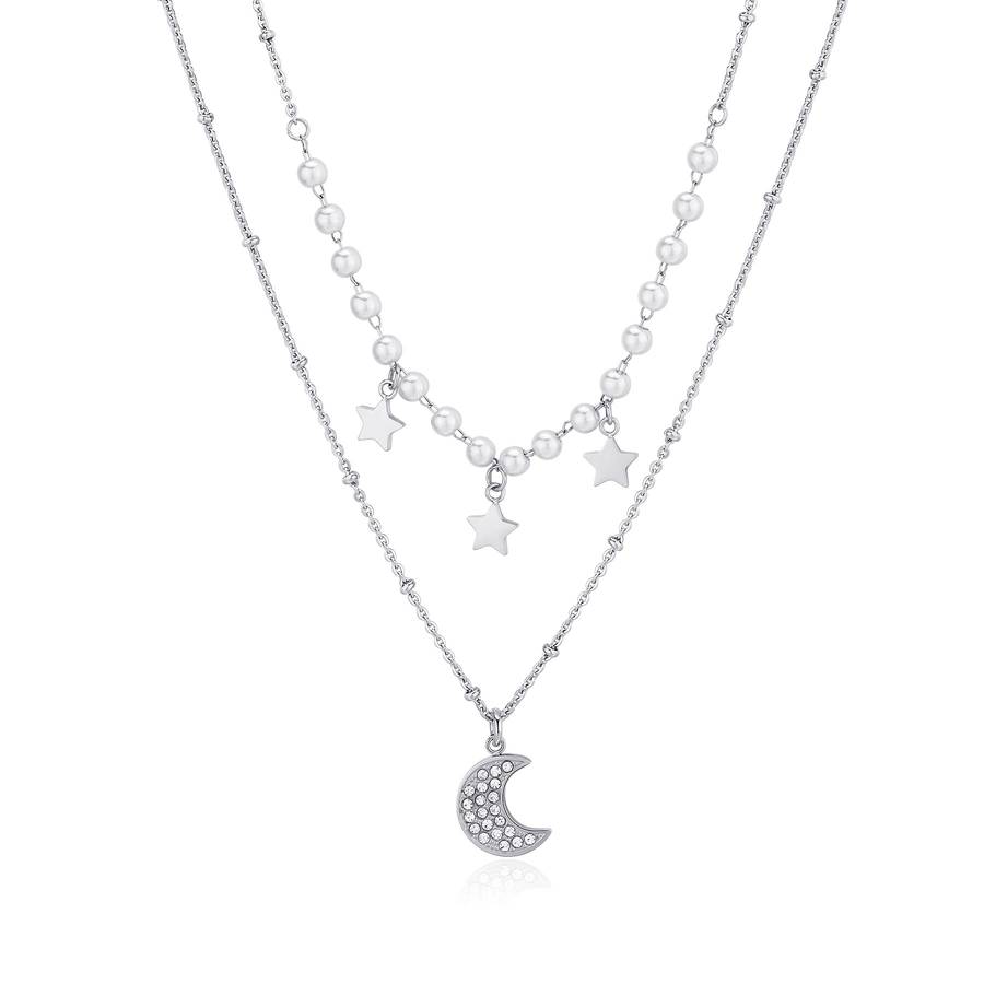 Collana doppio filo WISDOM in acciaio, luna, stelle, perle e cristalli bianchi