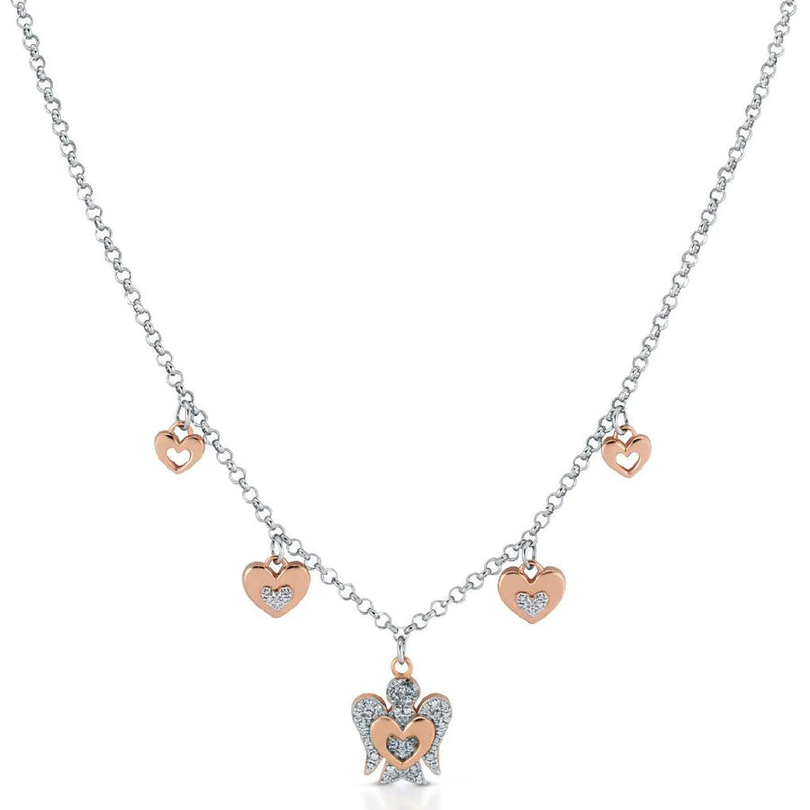 COLLANA CON ANGELO E CUORI IN ARGENTO