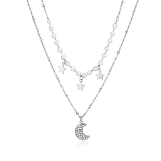 Collana doppio filo WISDOM in acciaio, luna, stelle, perle e cristalli bianchi