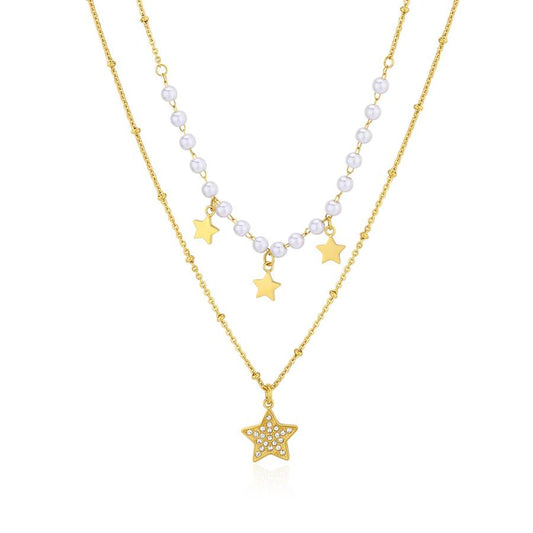Collana doppio filo WISDOM in acciaio, pvd oro, stelle, perle e cristalli bianchi