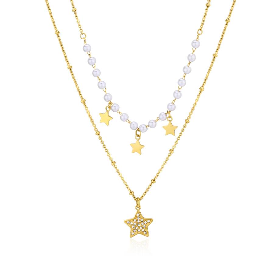 Collana doppio filo WISDOM in acciaio, pvd oro, stelle, perle e cristalli bianchi