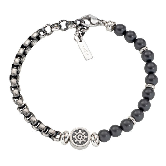 Bracciale Uomo Acciaio Sfere Nere e Timone