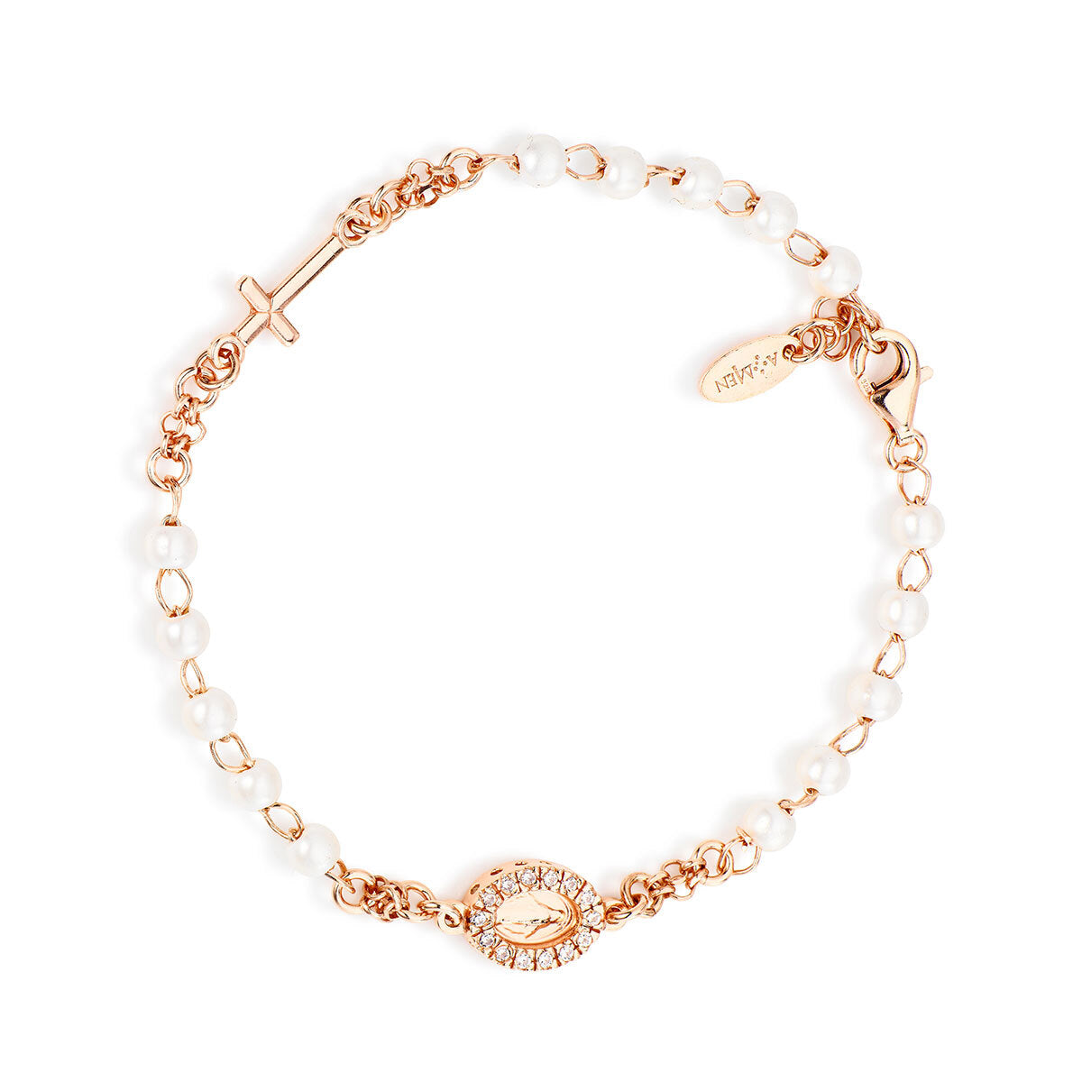 Bracciale rosario argento rosè con grani in perle